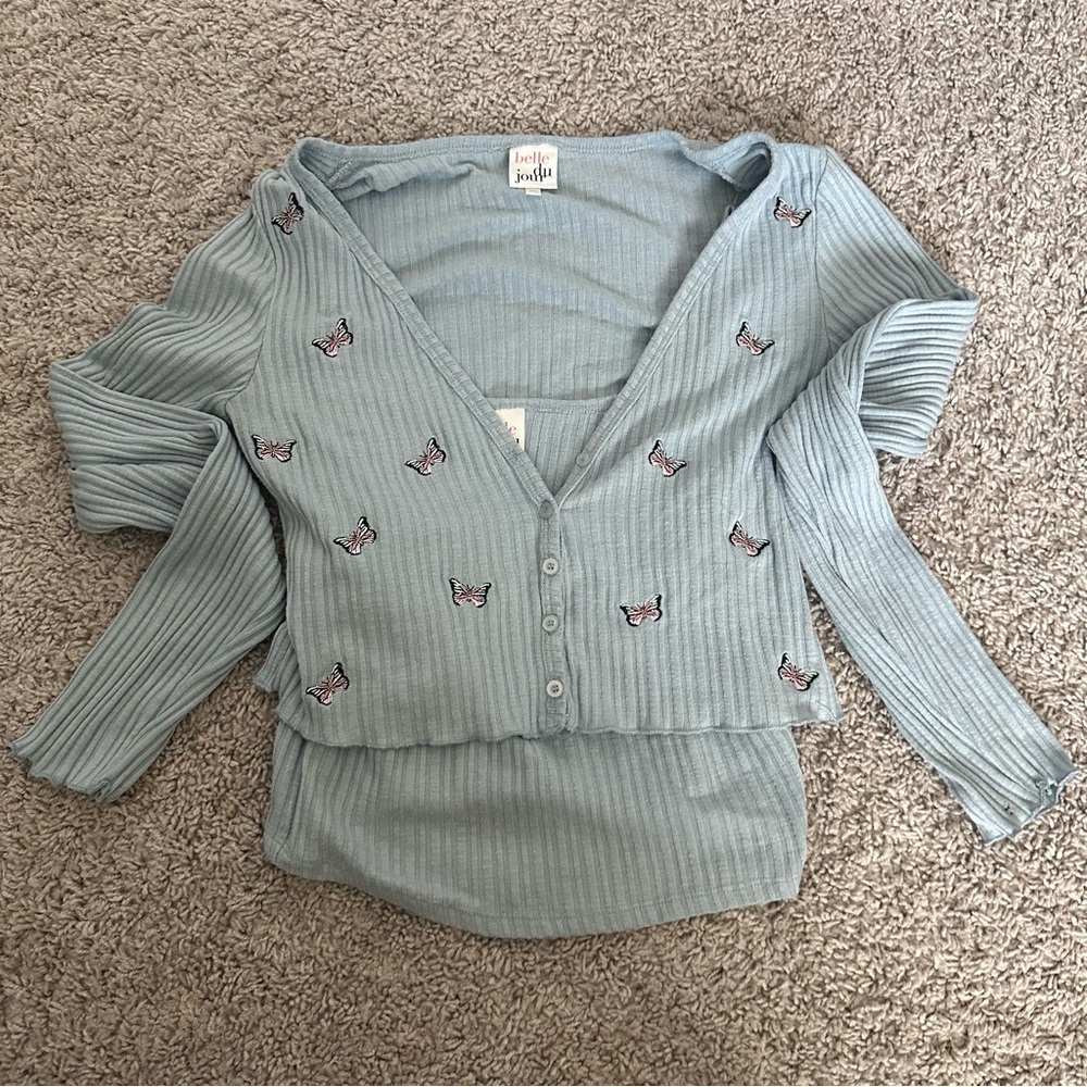 Belle Du Jour Light Blue Butterfly Cardigan/Tank Under Buttonup Long Sleeve. JR